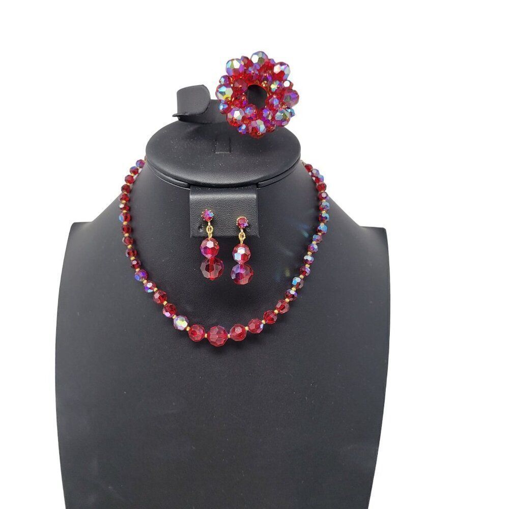 Vintage Full Parure 3pc AB Maroon‎ Graduated Choker Clip Dangle Earrings Brooch